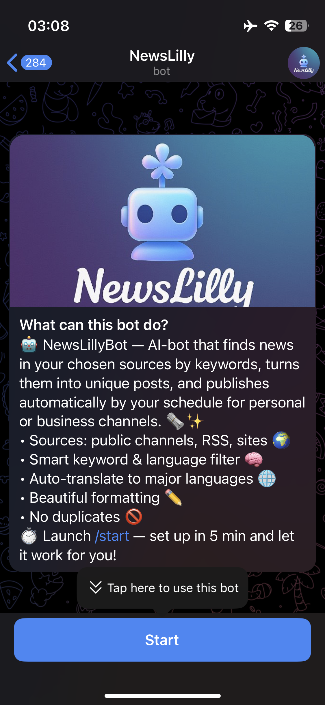 NewsLilly Bot - Main Screen